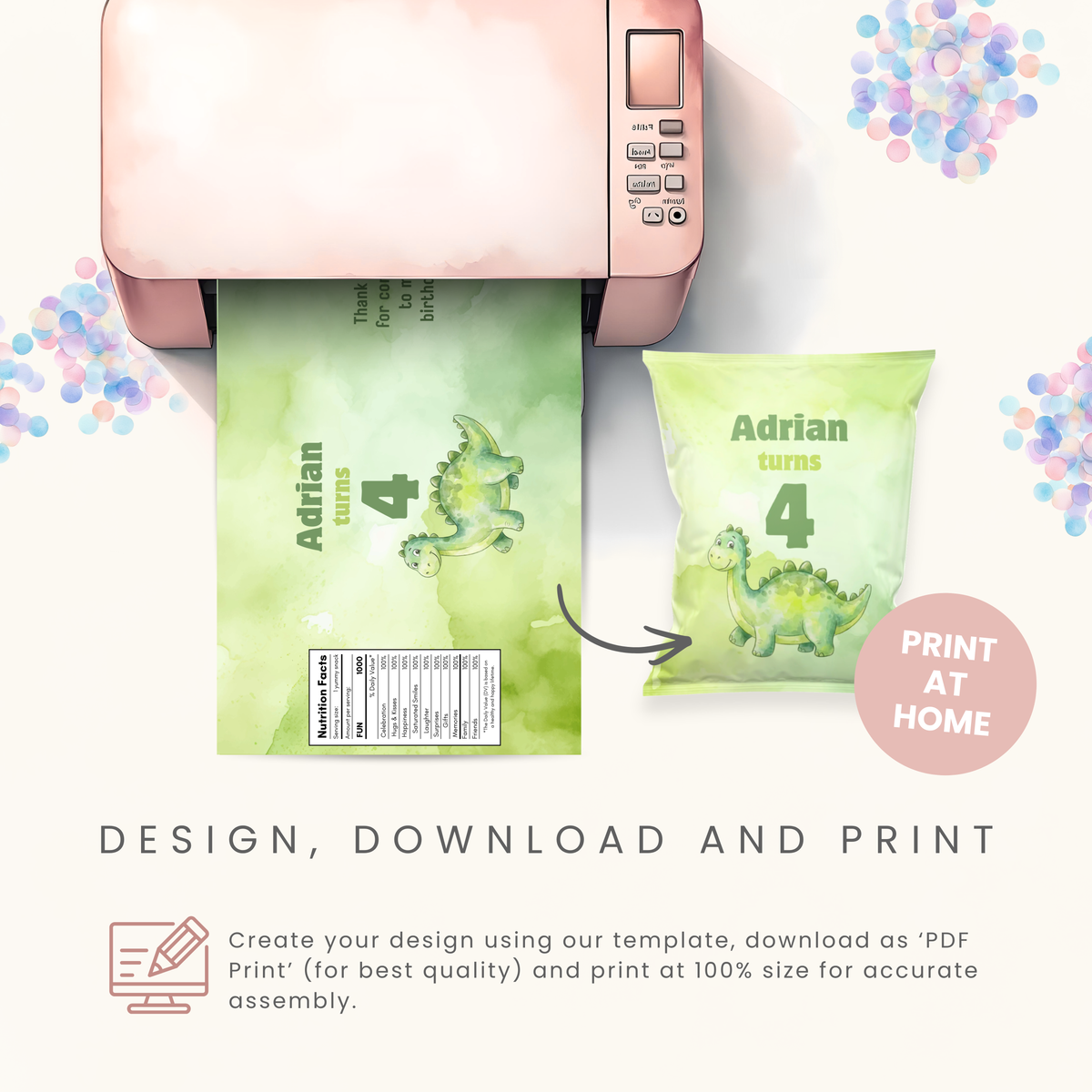 Editable Green Dinosaur Chip Bag Template - Digital Download