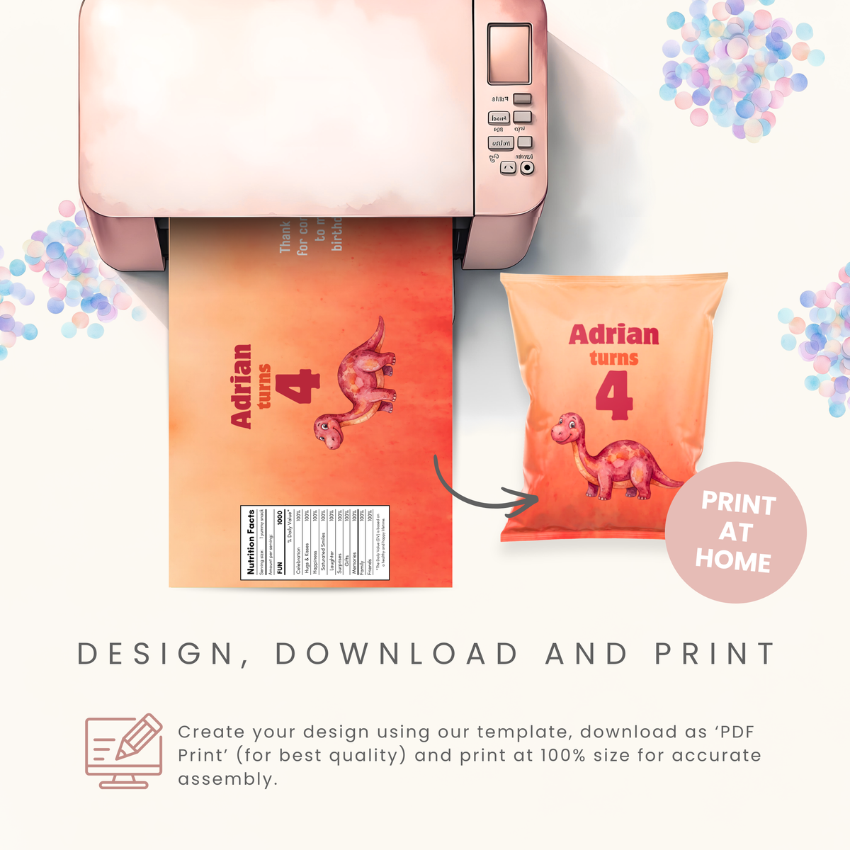 Editable Red Dinosaur Chip Bag Template - Digital Download