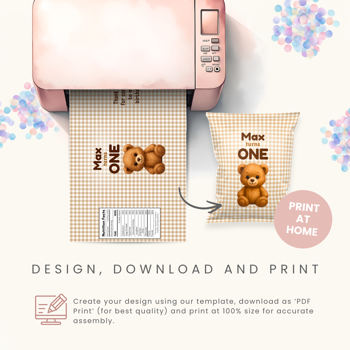 Editable Teddy Bear Chip Bag Template - Digital Download