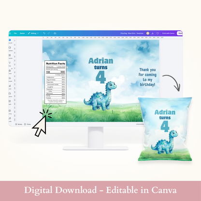 Editable Blue Dinosaur Chip Bag Template - Digital Download
