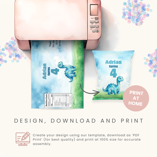 Editable Blue Dinosaur Chip Bag Template - Digital Download