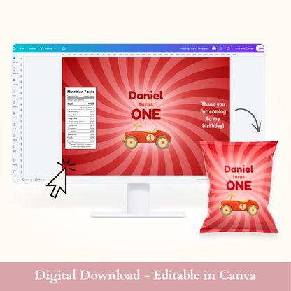 Editable First Birthday Vintage Car Chip Bag Template - Digital Download