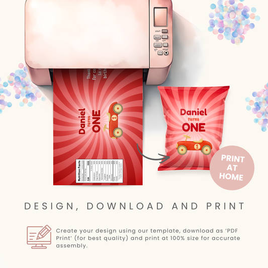 Editable First Birthday Vintage Car Chip Bag Template - Digital Download