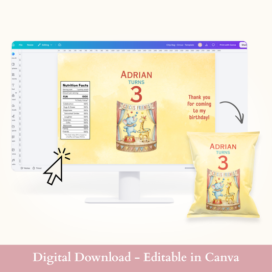 Editable Circus Chip Bag Template - Digital Download