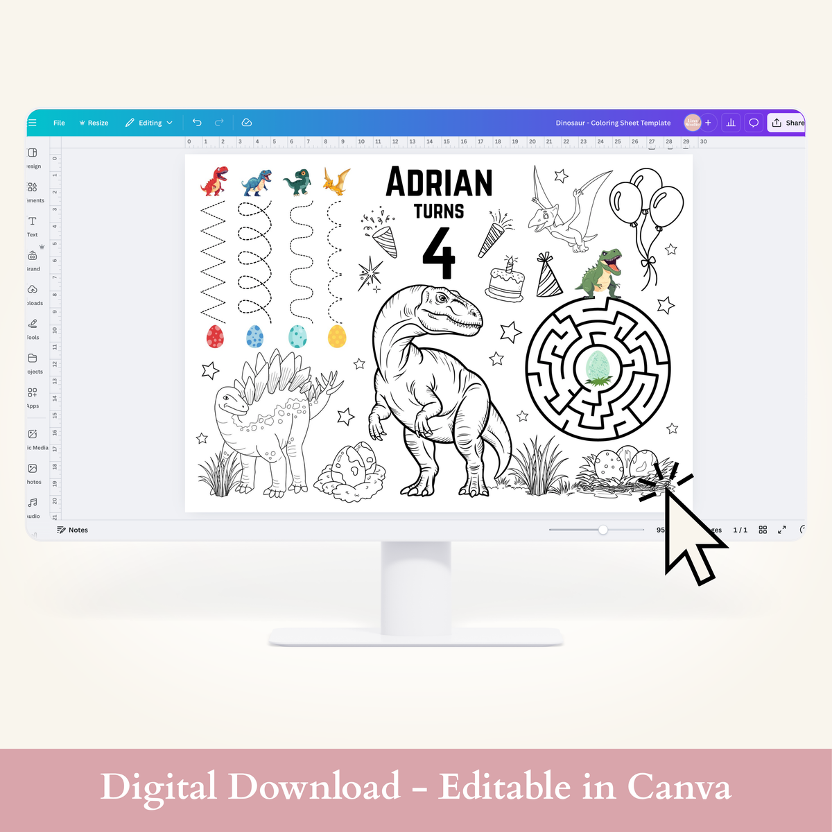 Editable Dinosaur Coloring Sheet - Digital Download