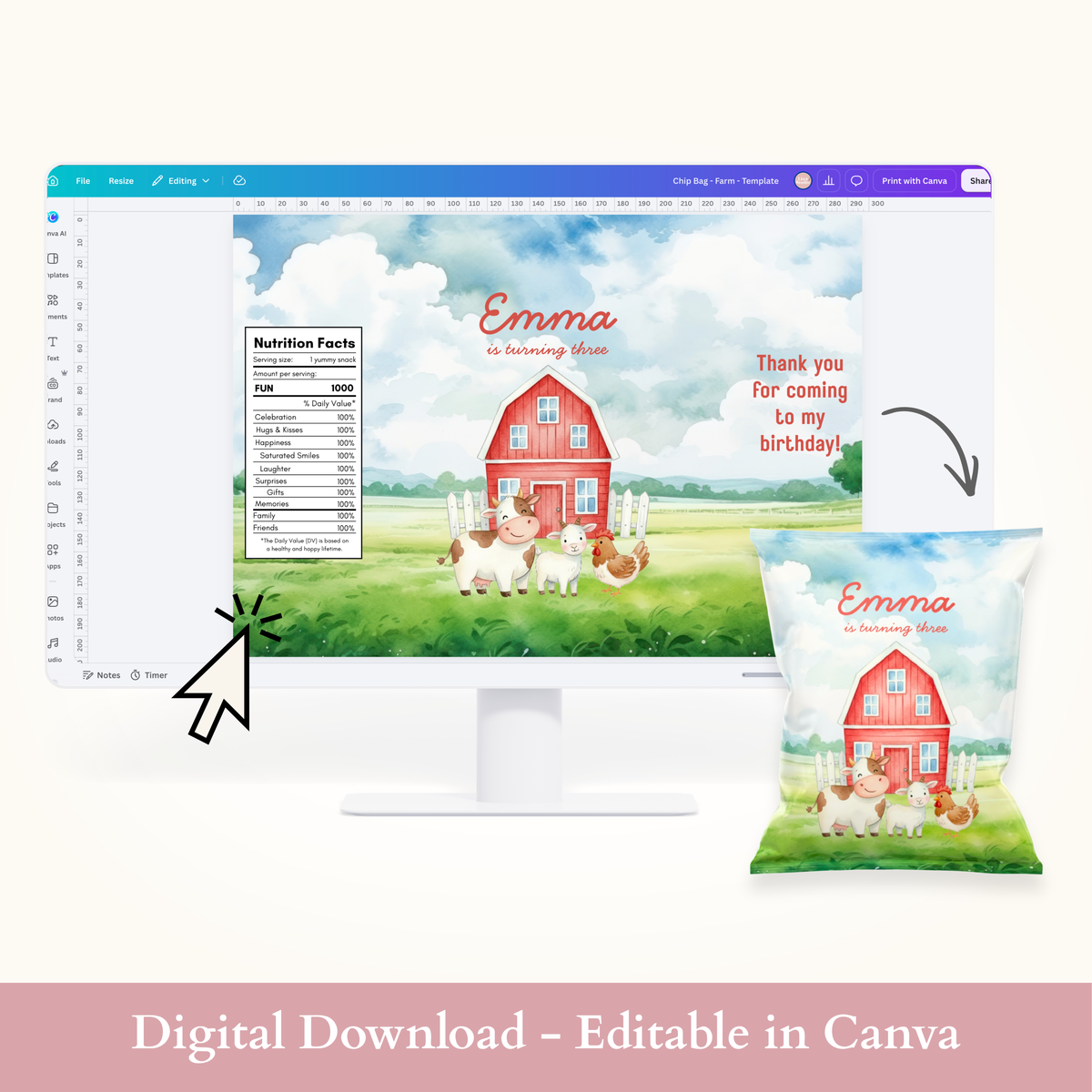 Editable Farm Animals Chip Bag Template - Digital Download