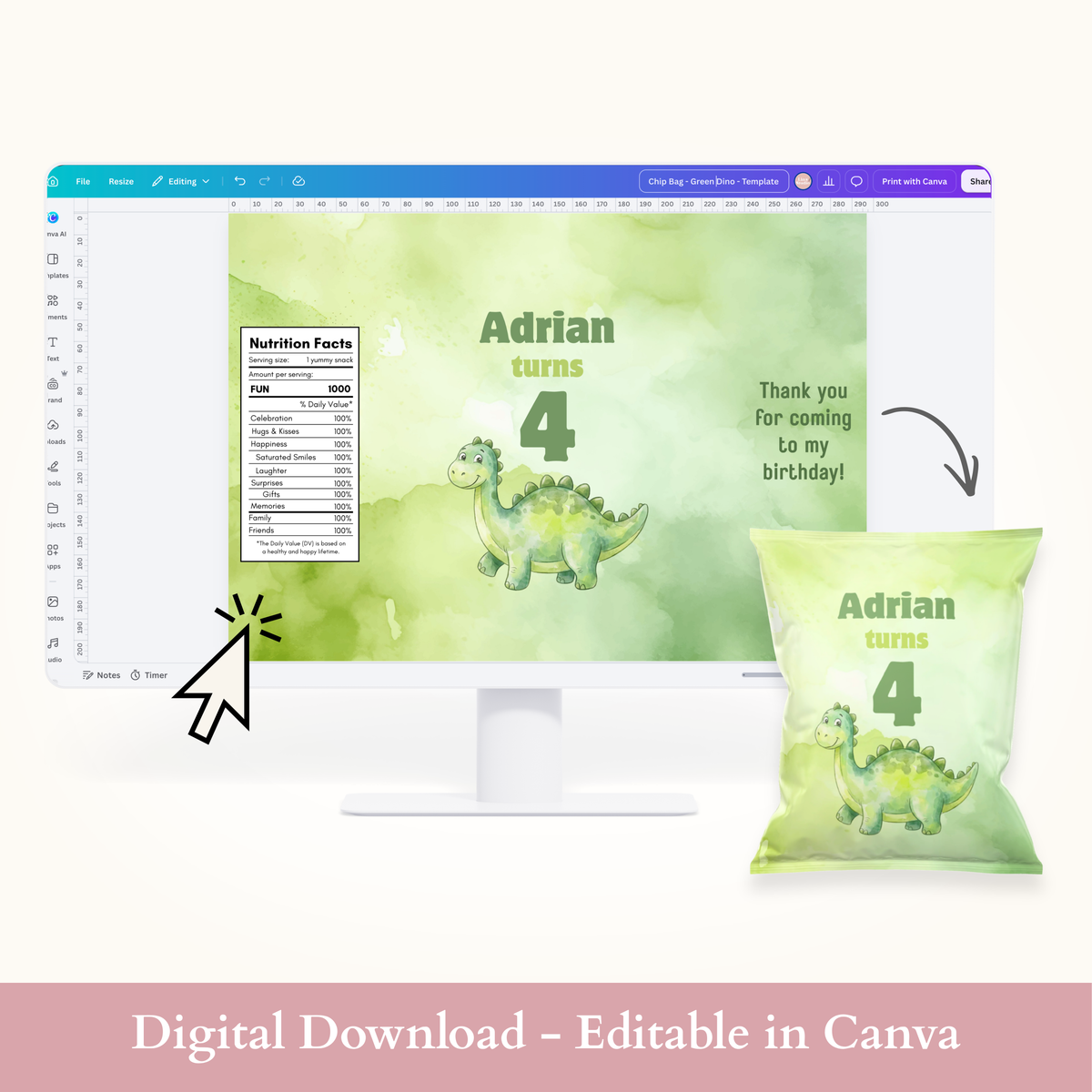 Editable Green Dinosaur Chip Bag Template - Digital Download