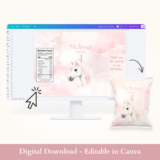 Editable Pink Horse Chip Bag Template - Digital Download