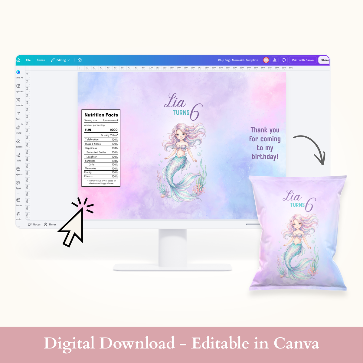 Editable Mermaid Chip Bag Template - Digital Download