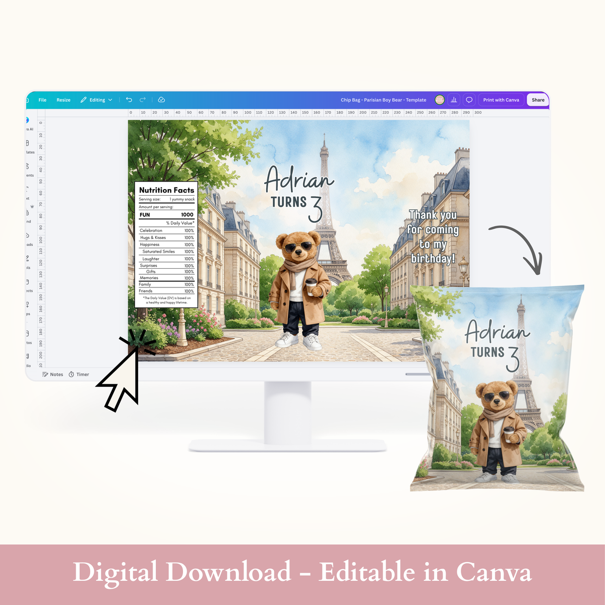 Editable Parisian Boy Bear Chip Bag Template - Digital Download