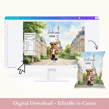 Editable Parisian Boy Bear Chip Bag Template - Digital Download