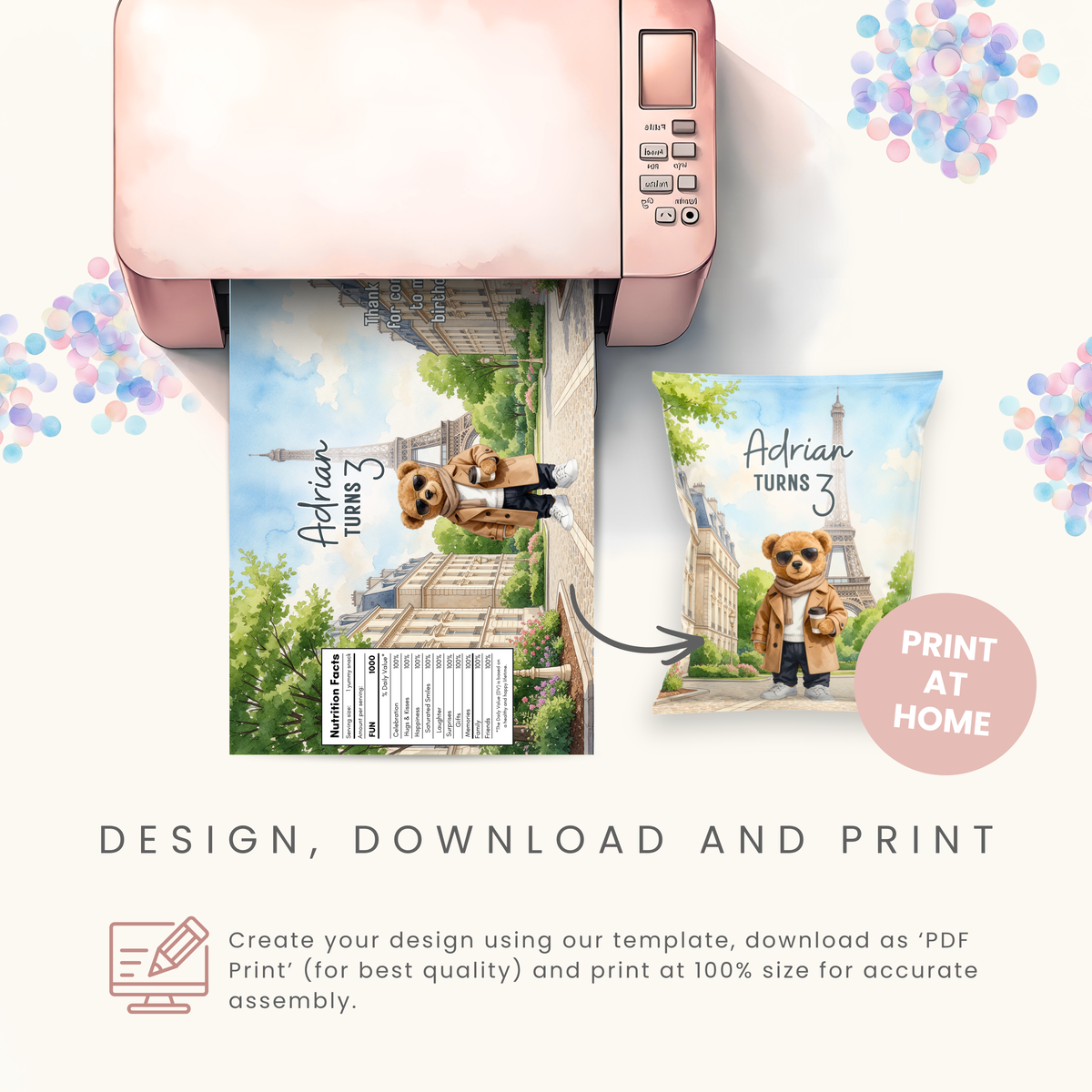 Editable Parisian Boy Bear Chip Bag Template - Digital Download