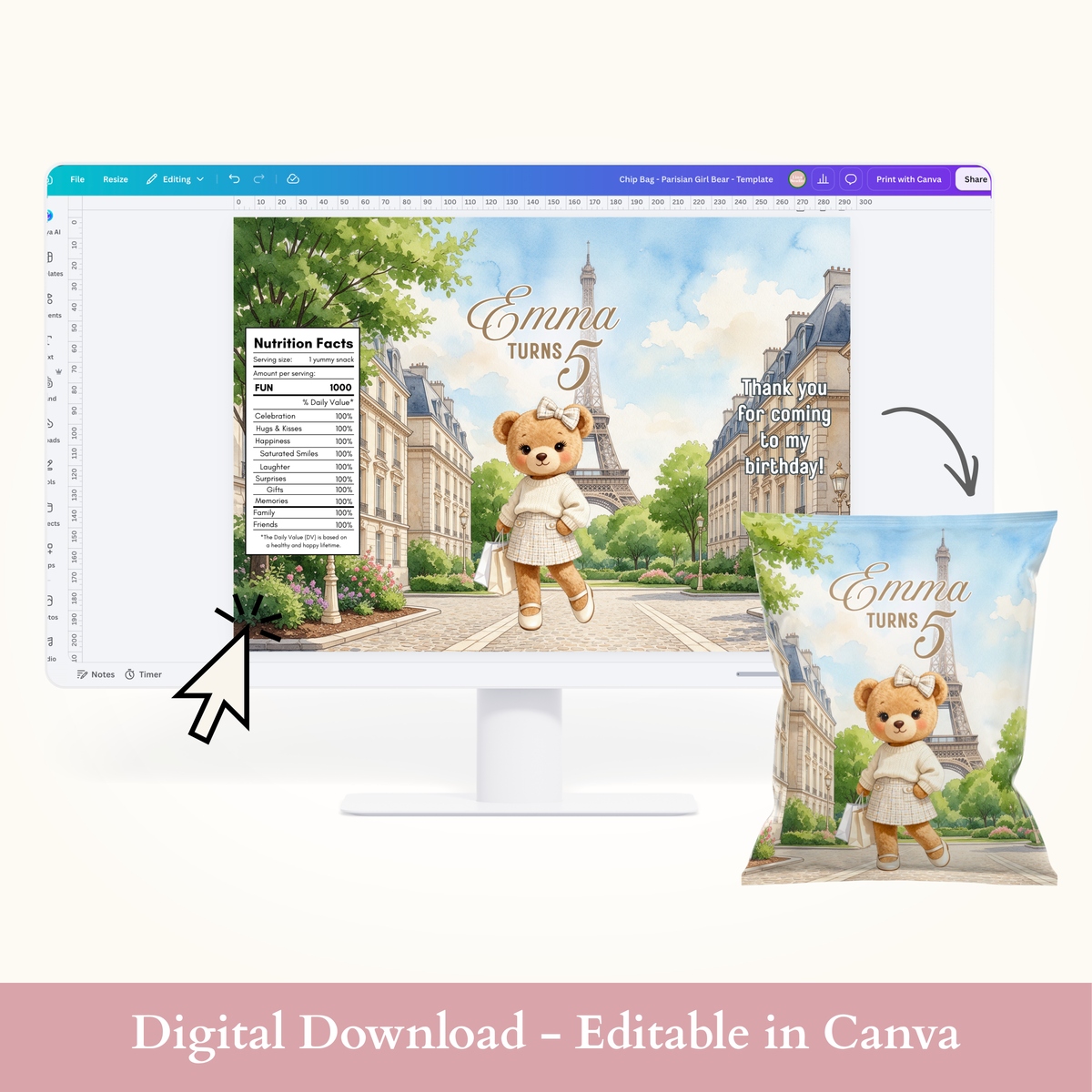 Editable Parisian Girl Bear Chip Bag Template - Digital Download