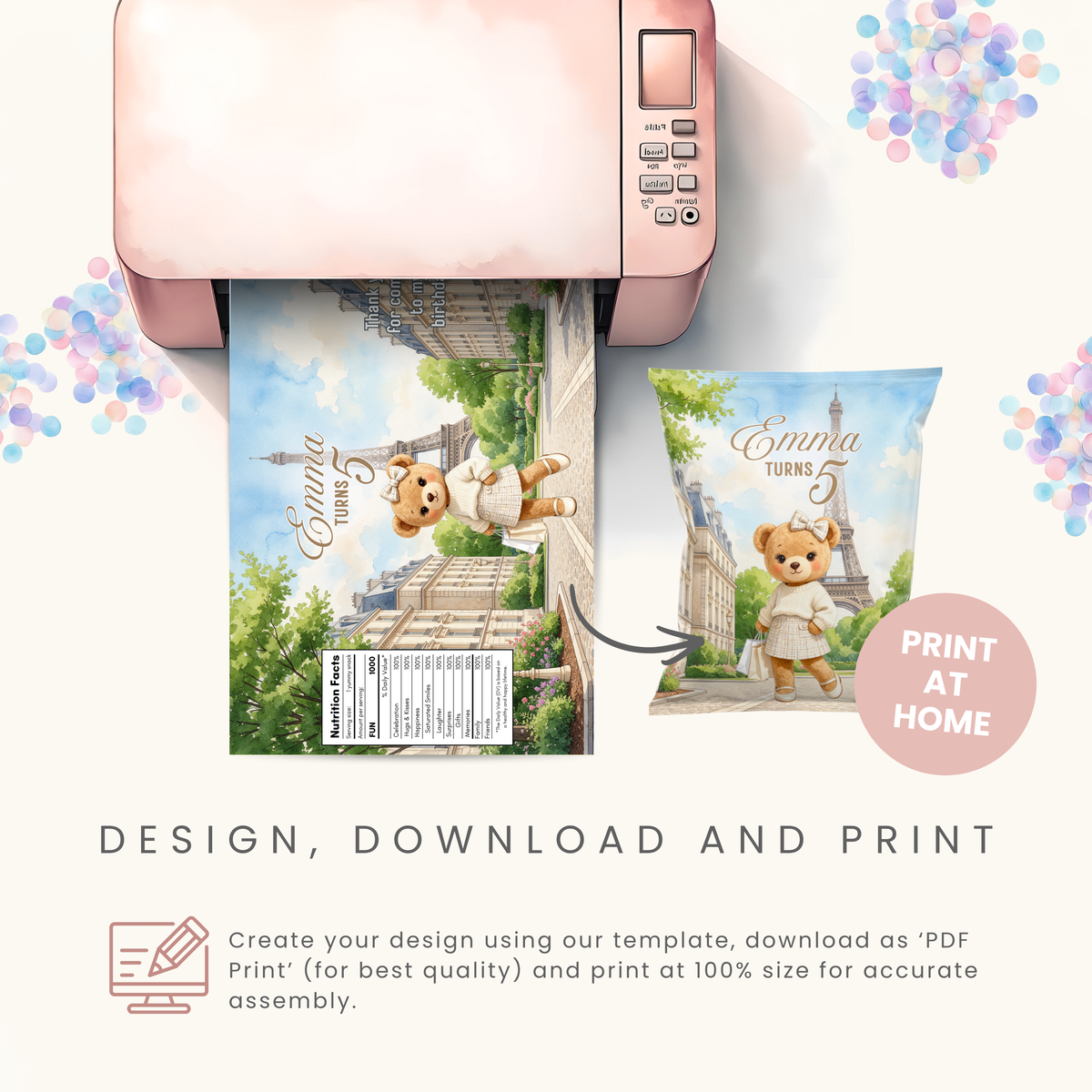 Editable Parisian Girl Bear Chip Bag Template - Digital Download