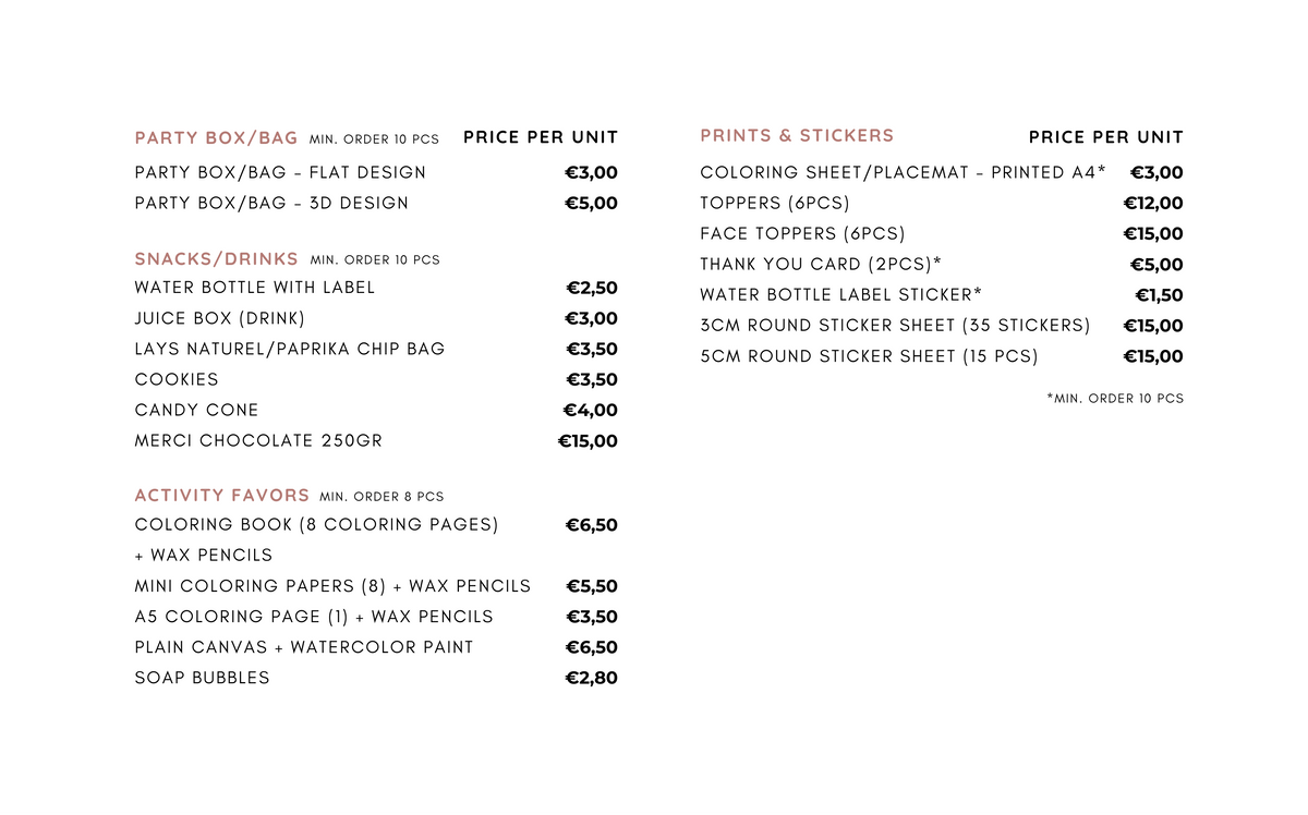 A black-and-white digital menu or price list showing various soap and stationery items with their individual prices in Euros, such as Party Bubbles, Flats, Snacks, and Coloring Sheets.