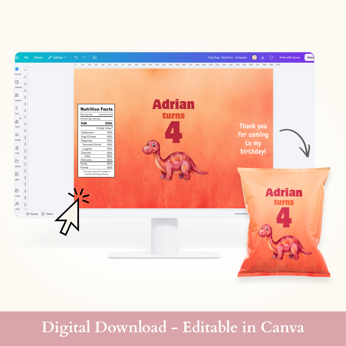 Editable Red Dinosaur Chip Bag Template - Digital Download