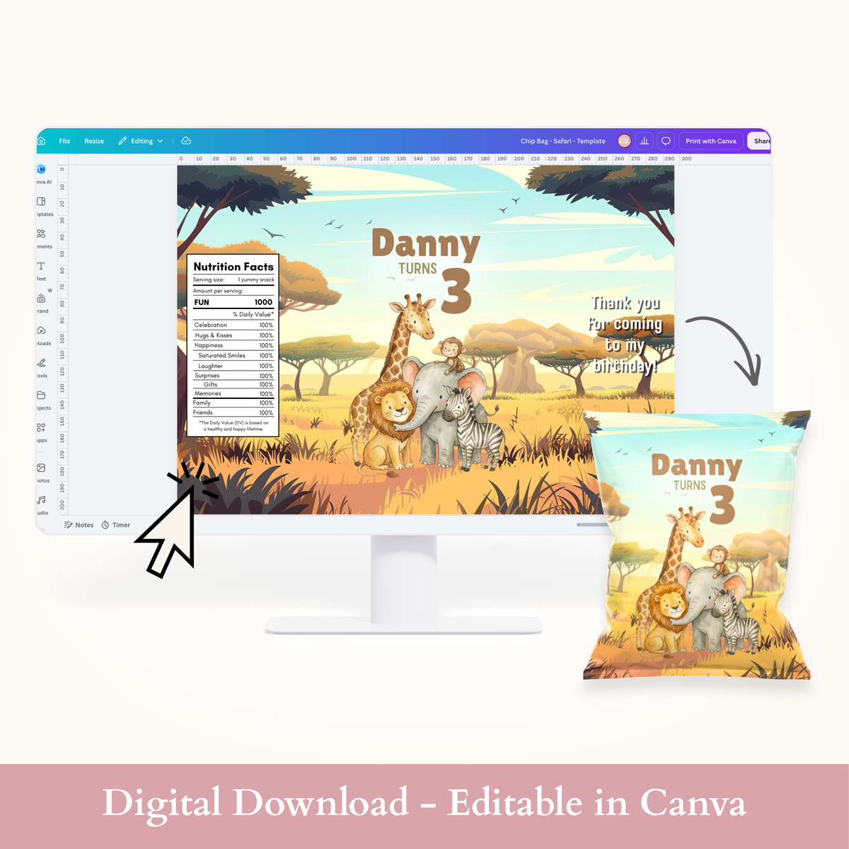 Editable Safari Animals Chip Bag Template - Digital Download
