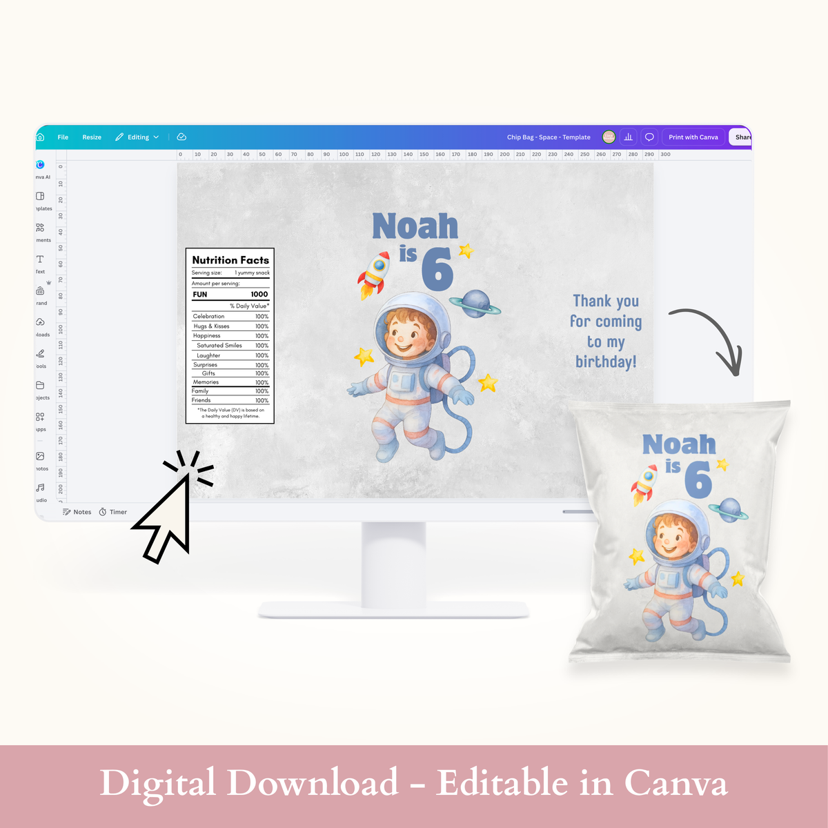 Editable Space Chip Bag Template - Digital Download