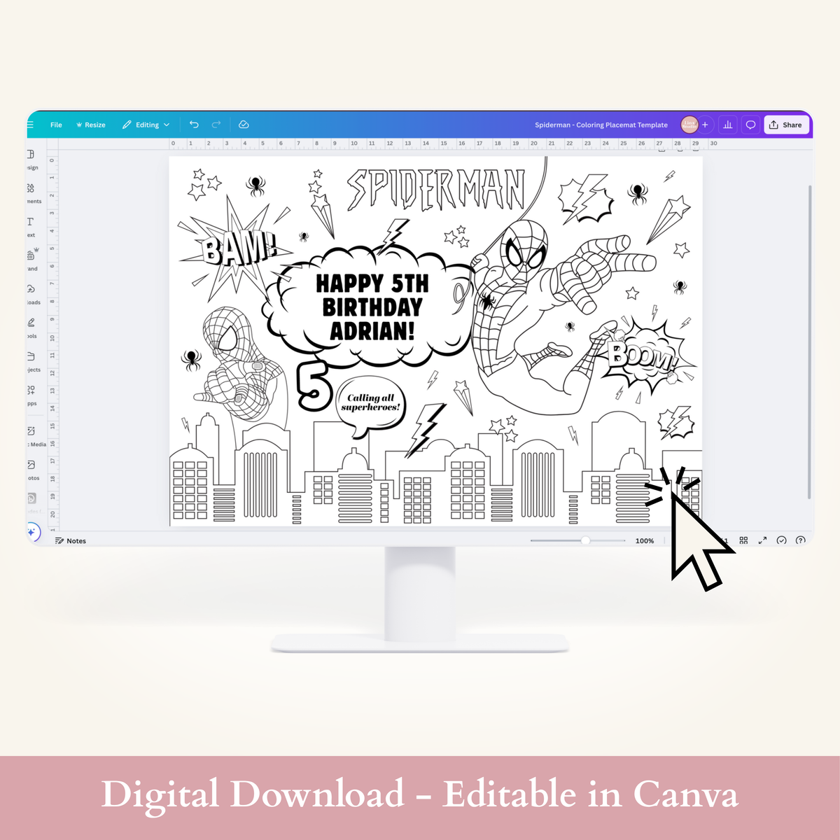 Editable Spiderman Coloring Sheet - Digital Download