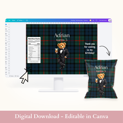 Editable Bear in a Suit Chip Bag Template - Digital Download