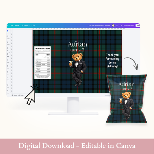 Editable Bear in a Suit Chip Bag Template - Digital Download