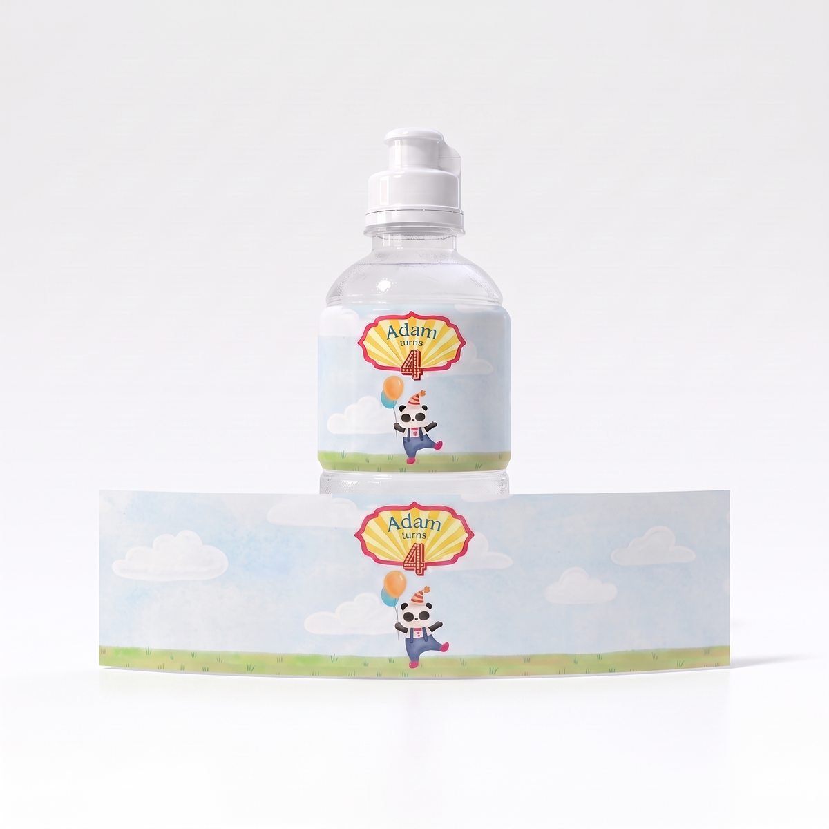 A clear plastic bottle with a white cap and a custom printed label featuring a cartoon panda hot air balloon, displayed above a matching flat label sheet on a white background.